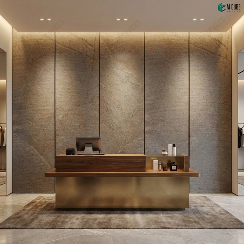 Luxury Retail Reception with Copper Rock Gold Stone Panels