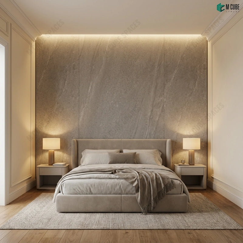 Elegant master bedroom with full-height Copper Rock Gold Stone Veneer