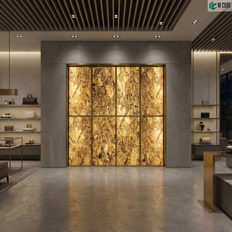 High-end retail showroom with Crazy Rock backlit stone veneer focal wall