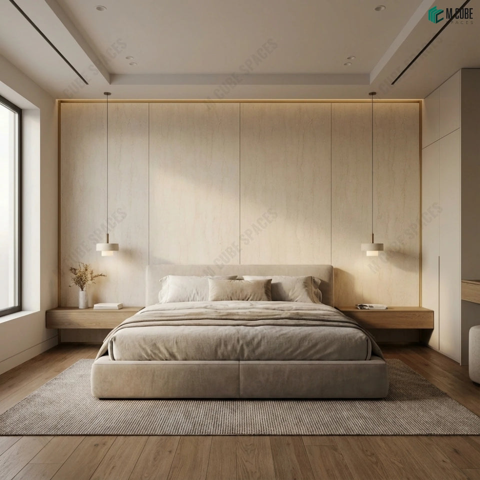 Calm Master Bedroom Feature Wall with Stone Veneers - Bedroom inspiration