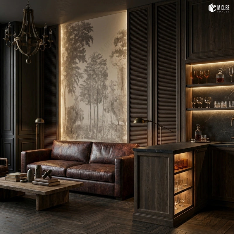 Heritage Woodland Digital Decorative Laminate defining a Private Lounge Bar Wall
