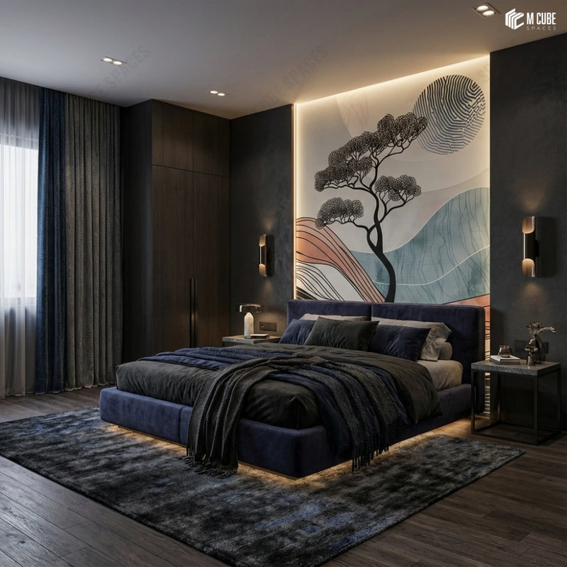 Abstract Horizon Tree Digital Decorative Laminate anchoring a Dark Contemporary Bedroom