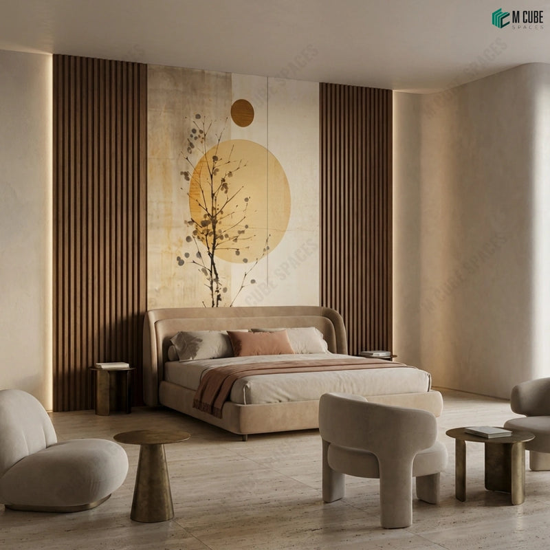 Golden Solstice Tree Digital Decorative Laminate defining a Sculpted Bedroom Feature Wall