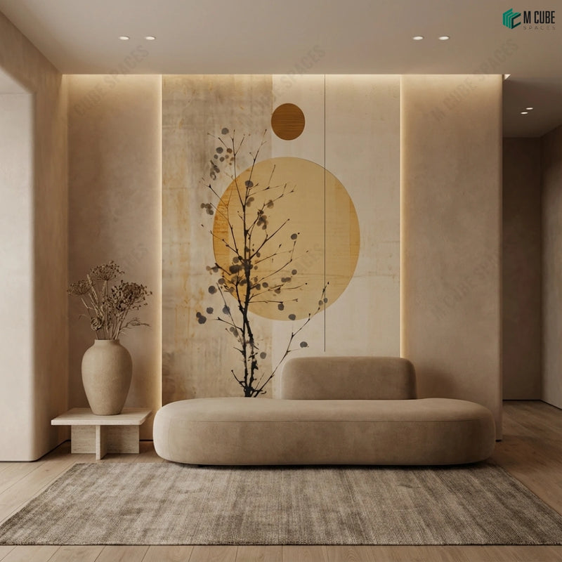 Golden Solstice Tree Digital Decorative Laminate shaping a Refined Lounge Backdrop