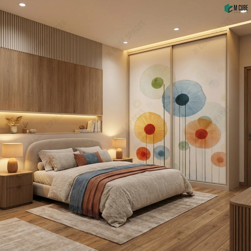 Soft Bloom Circles Digital Decorative Laminate defining a Contemporary Bedroom Wardrobe Shutters