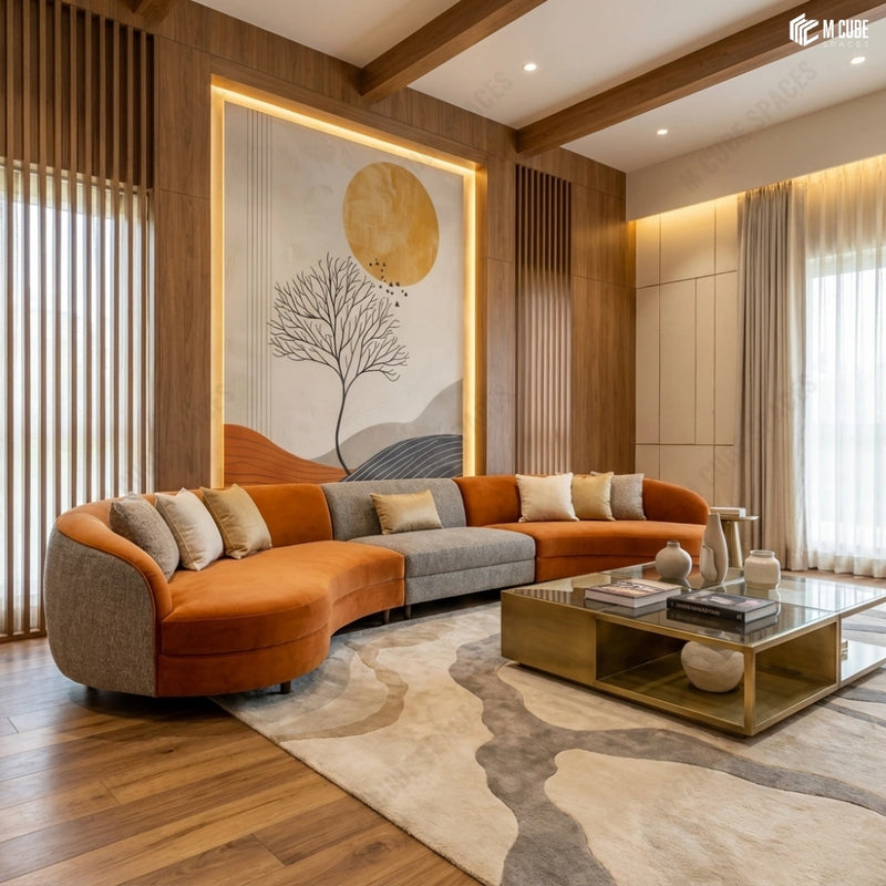 Golden Horizon Tree Digital Decorative Laminate defining a Warm Living Room Feature Wall