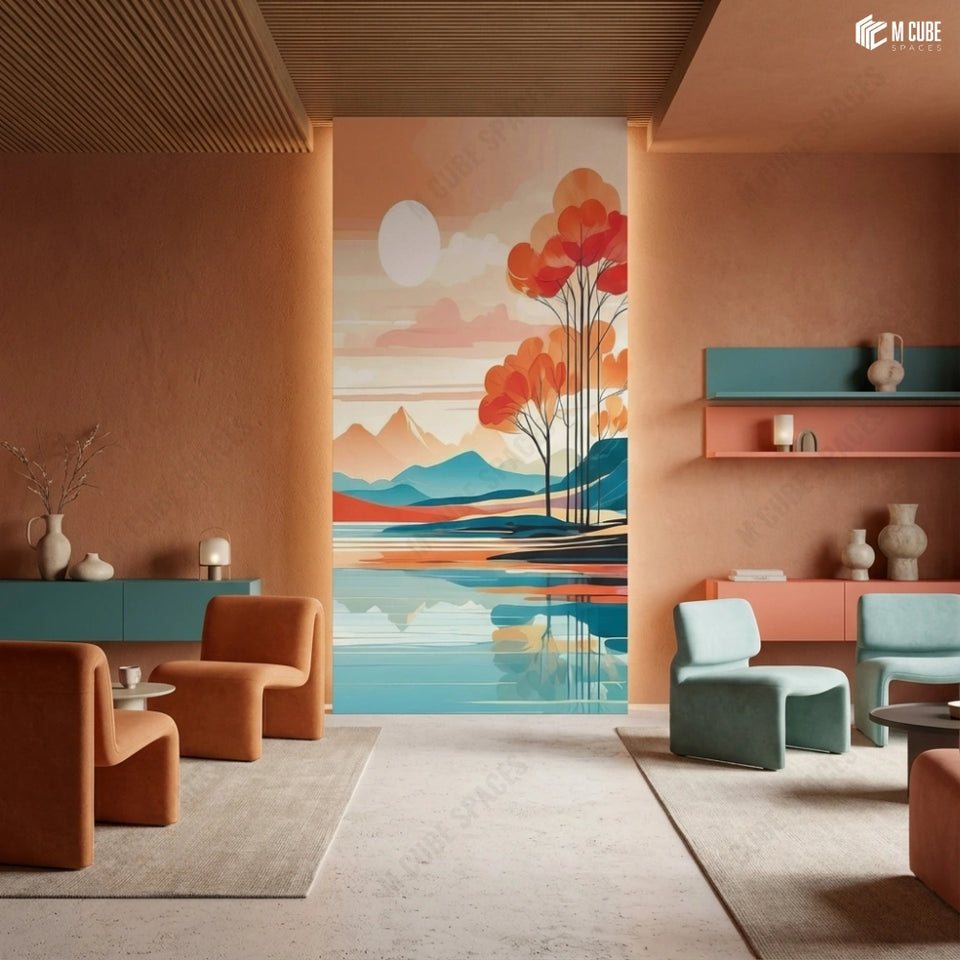 Autumn Lake Reflections Digital Decorative Laminate defining a Contemporary Lounge Feature Wall - Commercial inspiration
