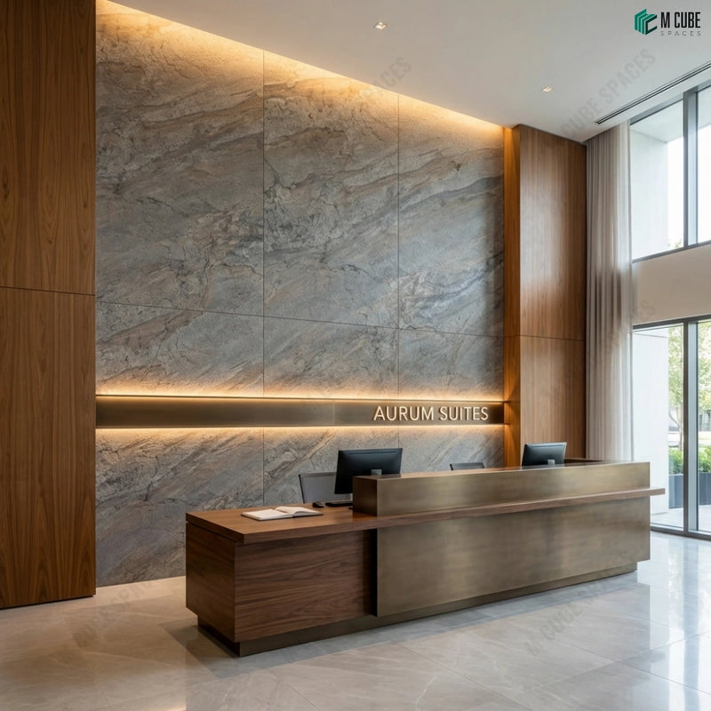 Luxury Hotel Reception with Statement Stone Veneer Wall
