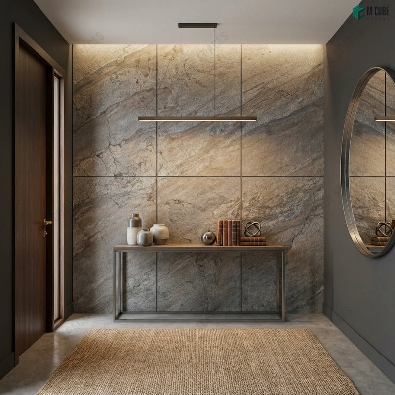 Contemporary Residential Entrance Feature Wall with D Green Rock Stone Veneer