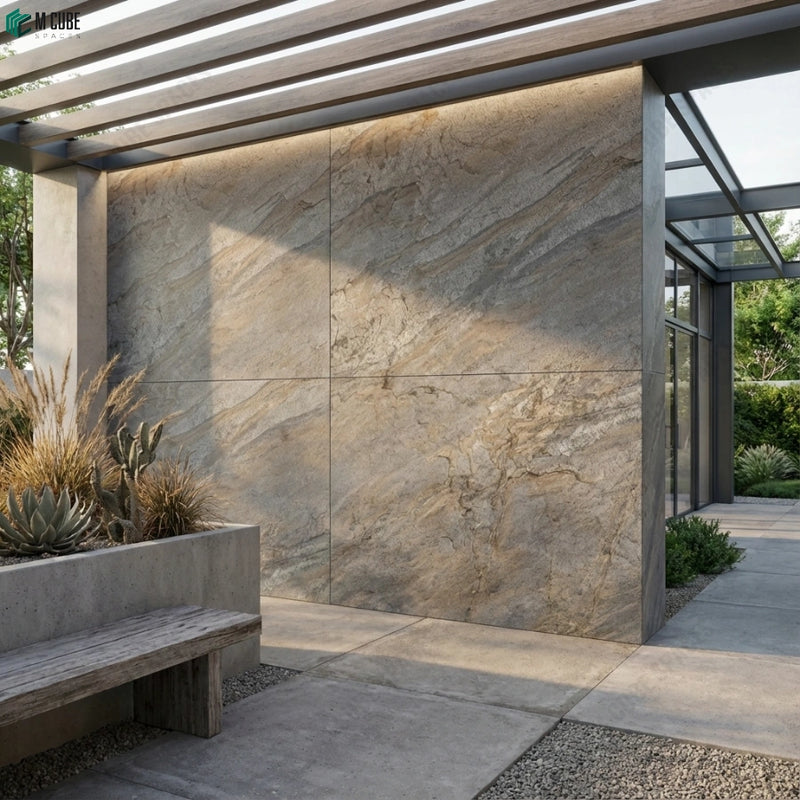 Open-to-Sky Residential Courtyard Feature Wall with D Green Rock Stone Veneer
