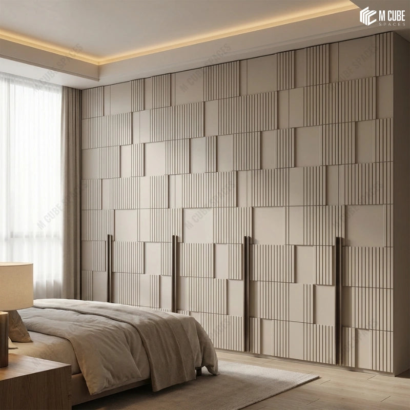 Warm Modern Bedroom Wardrobe with Brown Grid Design Panels