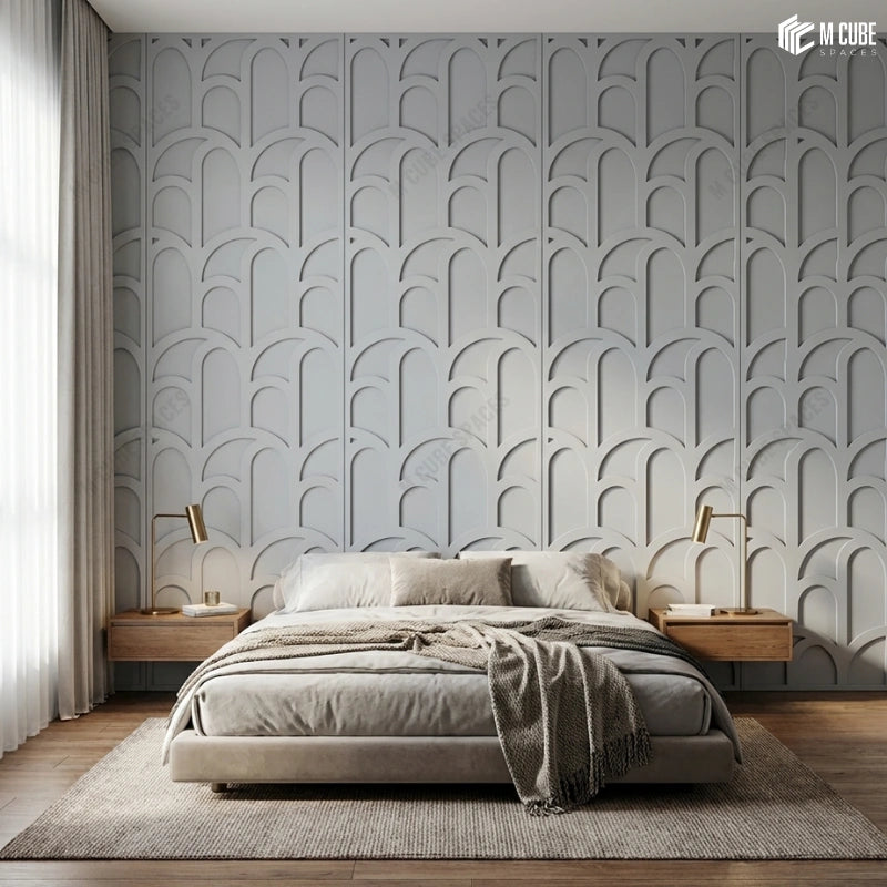 Calm Minimalist Design Bedroom | Statement Wall executed with Abstract Matteo Panels