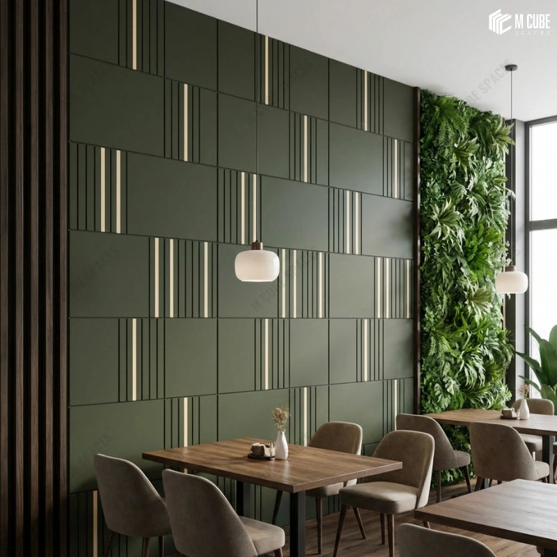 Biophilic Design for a Modern Cafe Feature Wall using Green Decorative Panels