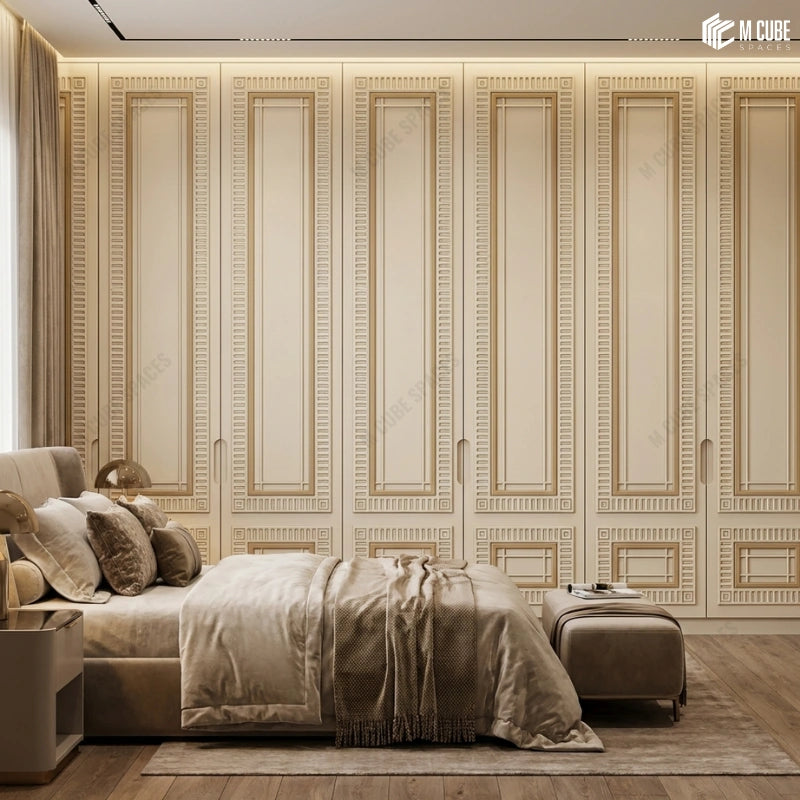 Luxury Residential Bedroom with Full Length Wardrobe Wall designed using Decorative Wall Panels