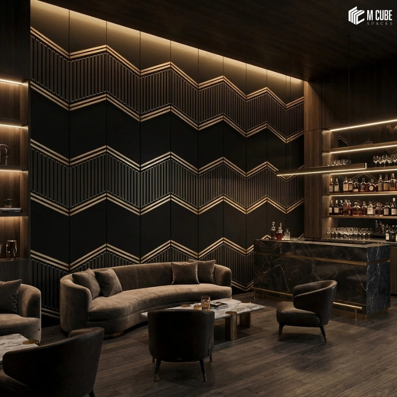 Moody Luxurious Lounge | Dark Charocal Panels with Metallic Inlay Detailing used on a Statement Wall