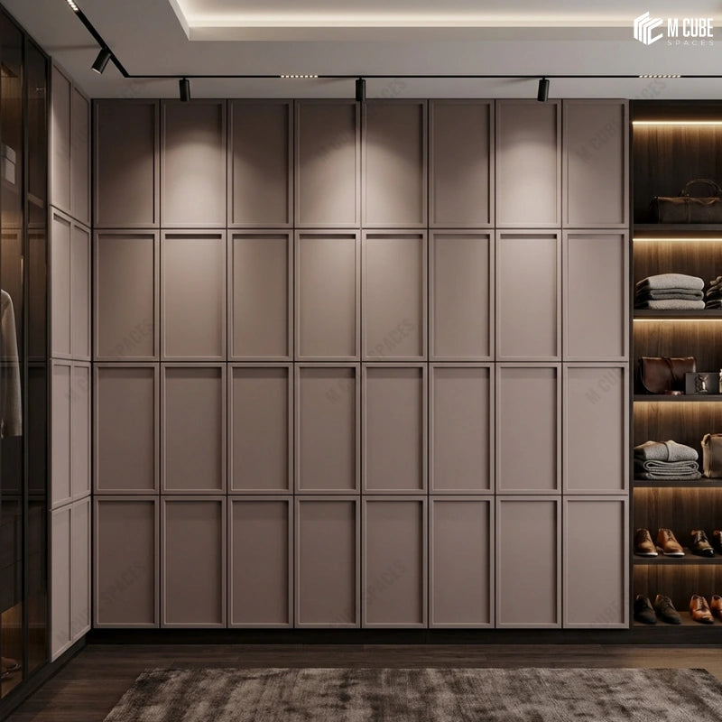 Walk In Wardrobe | Seamless Shutters designed with Geometric Decorative Paneling