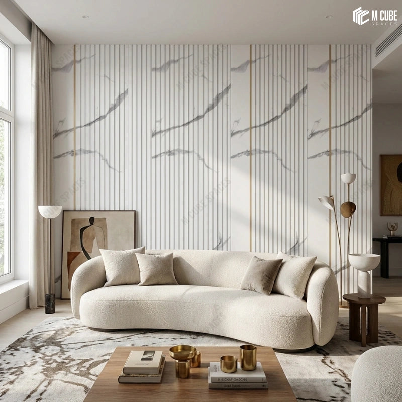 Modern Luxury Studio Apartment Living Area designed with Marble Inspired Decorative Panels