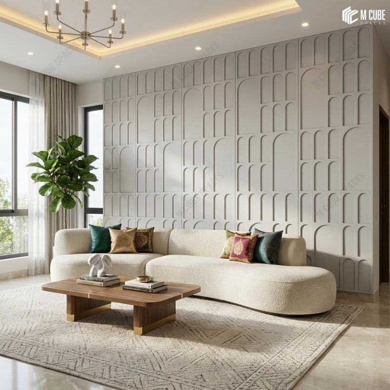 Geometric Decorative Panels as Feature Wall in a Luxury Resort Living Area