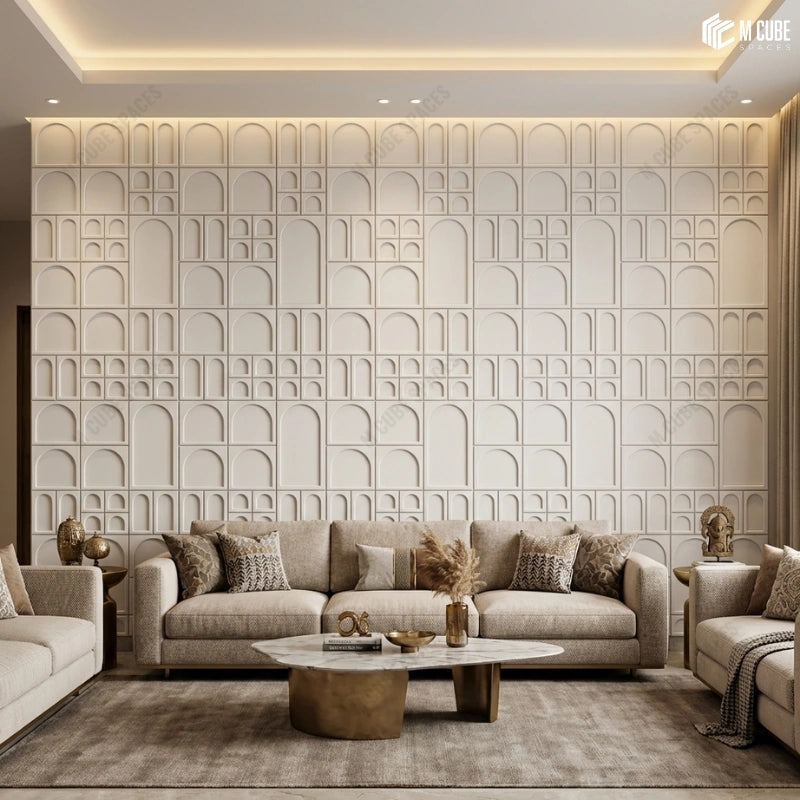 Urban Lxuury Indian Living Room with Relief Decorative Panels as Feature Wall