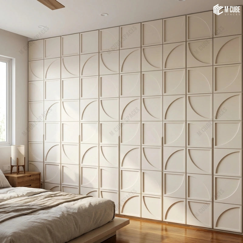 Soft Contemporary Bedroom | Wardrobe Shutters with Integrated Handles using Geometric Decorative Panels