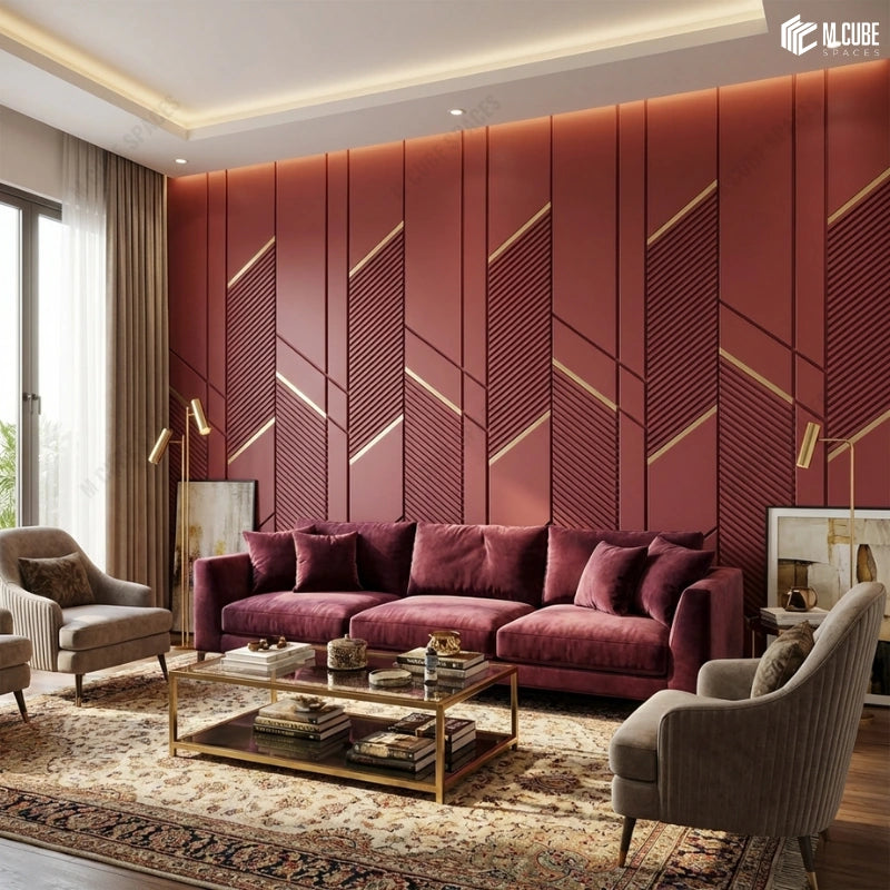 Luxury Indian Living Room Featuring Red Geometric Decorative Panels with Gold Inlay
