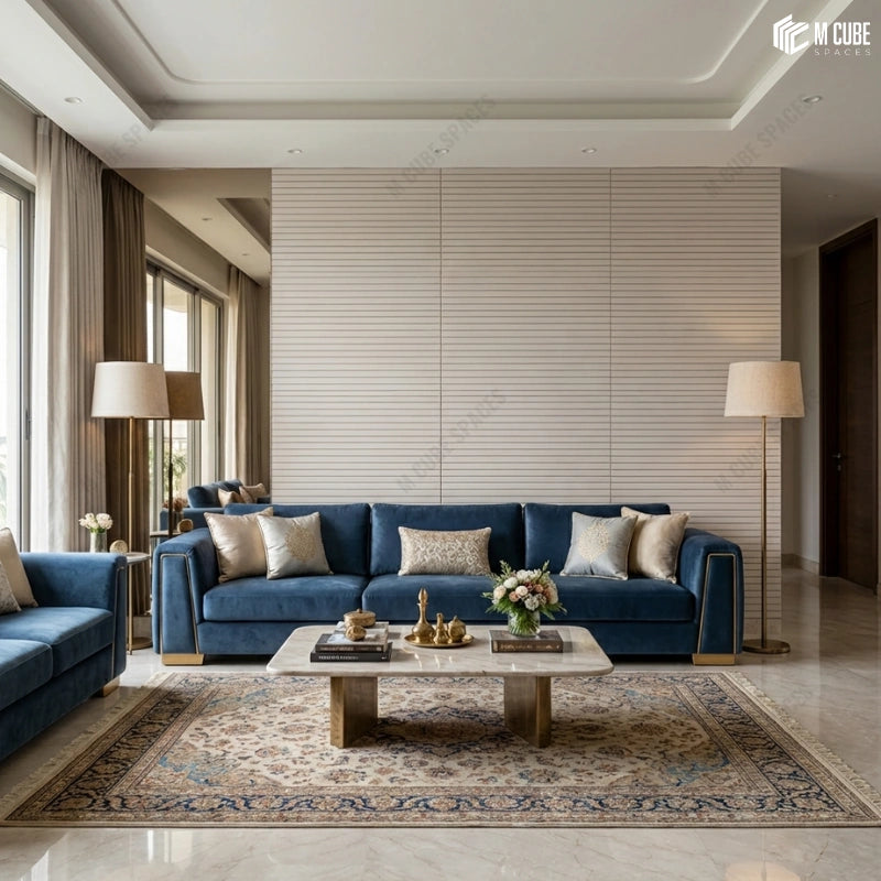 Luxury Indian Residence | Living Room statement wall with Matteo Fluted Design Panel