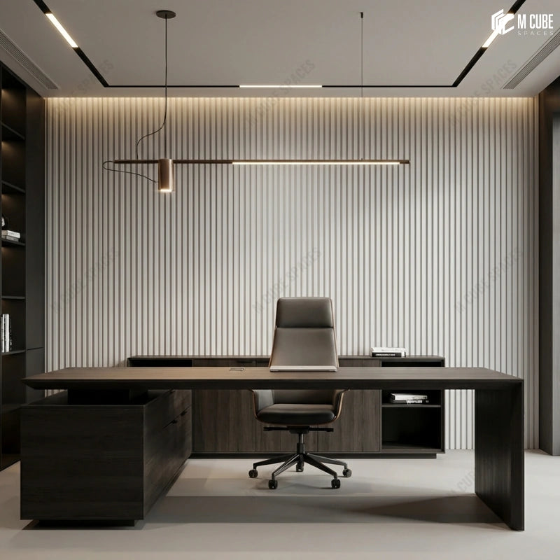 Urban Modern Executive Cabin with Feature Wall using Fluted Decorative Panels