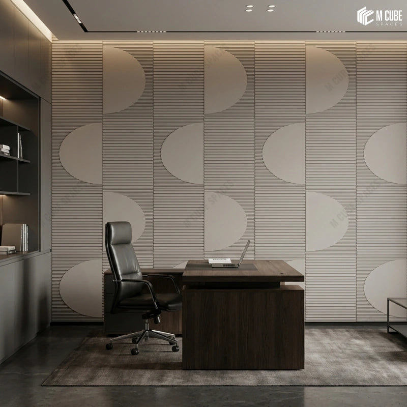Urban Contemporary Office Cabin with Brown Panels on a Statement Wall