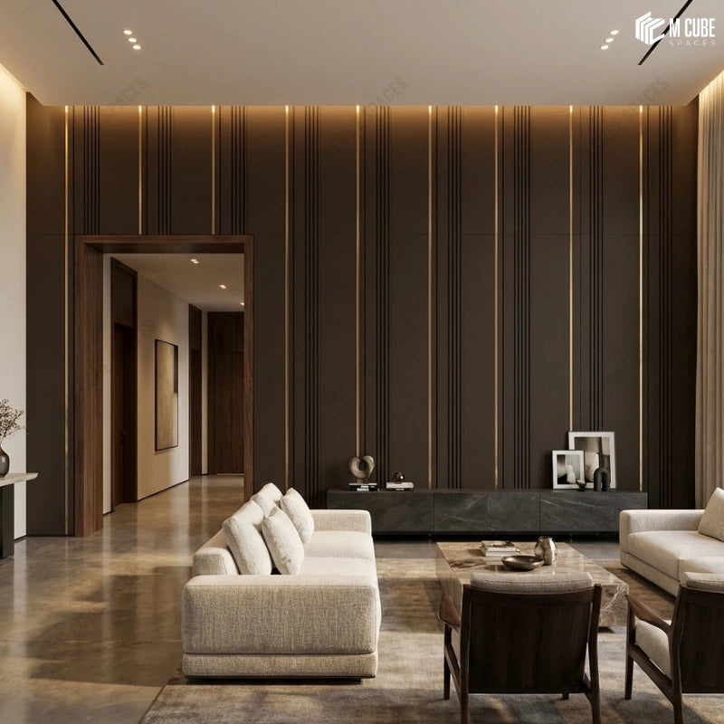 Brown Decorative Panels with Metallic Inlay used as Feature Wall in Spacious Living Room