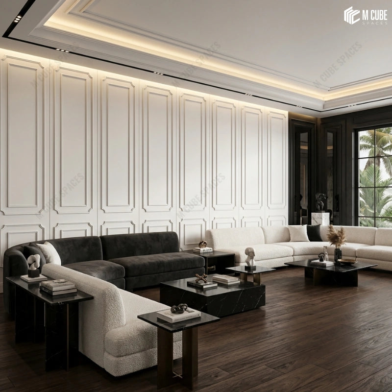 Modern Neo Classical Living Room Statement Wall executed using White Matteo Panels