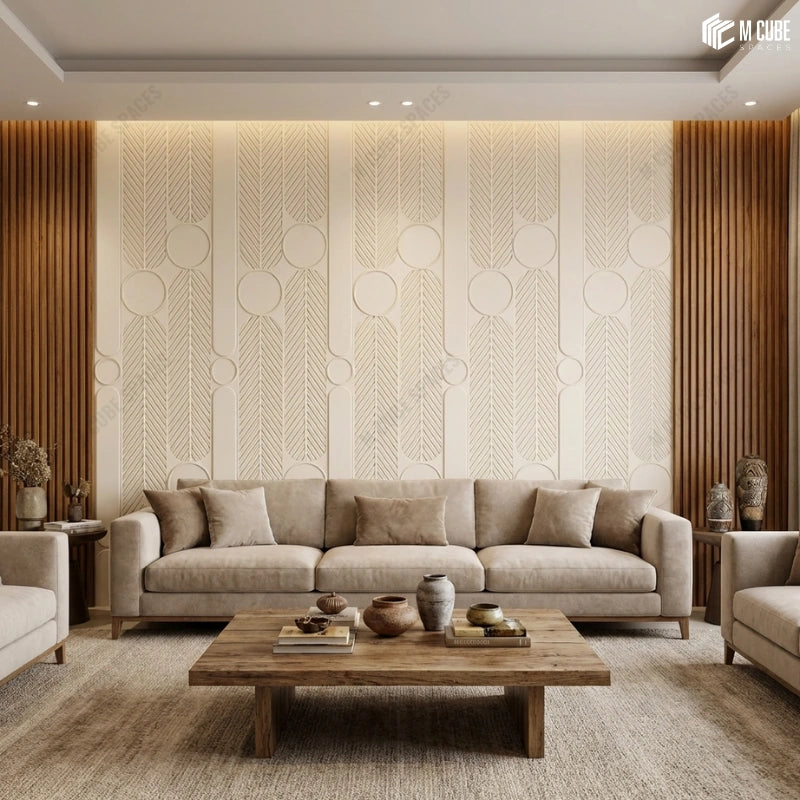 Warm Contemporary Styed Living Room | Matteo Designer Panels used as Feature Wall alongside Wooden Louvers