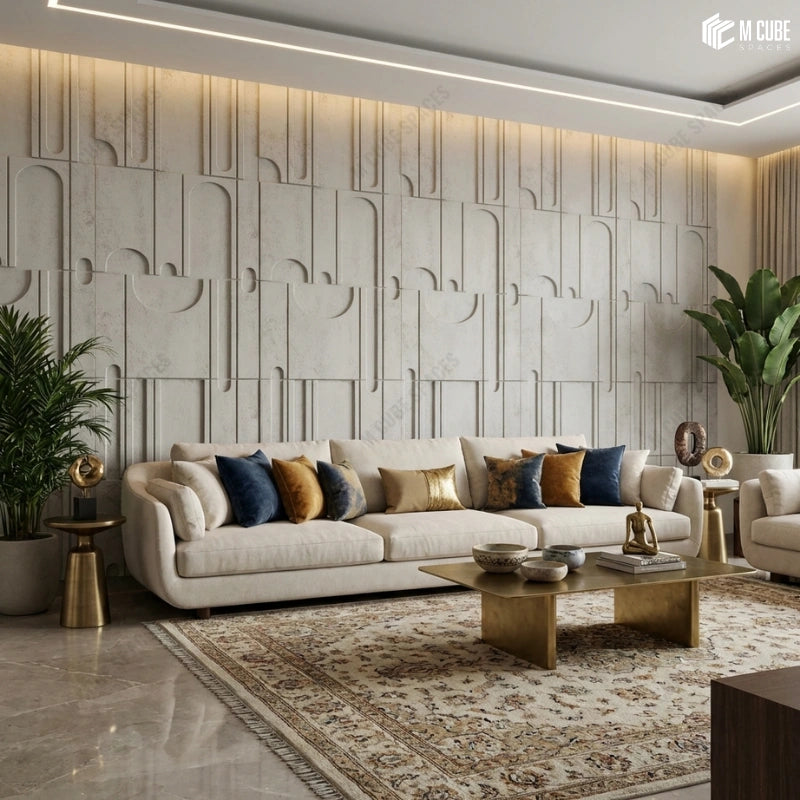 Soft Contemporary Living Room with Abstract Matteo Wall panels for Statement Interiros