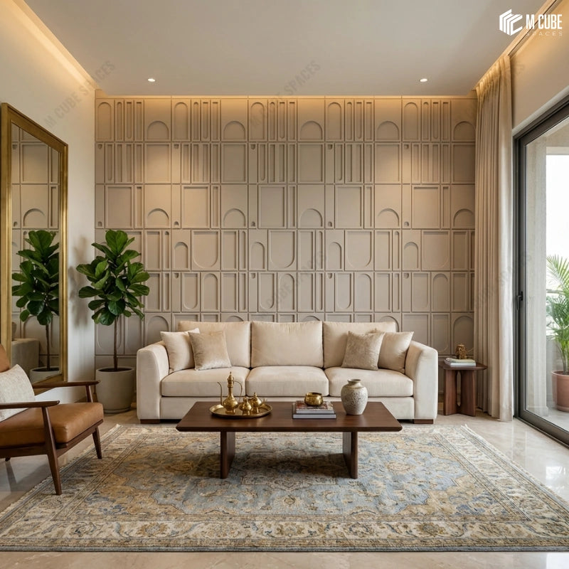 Contemporary Indian Living Room Statement Wall with Abstract matteo panels