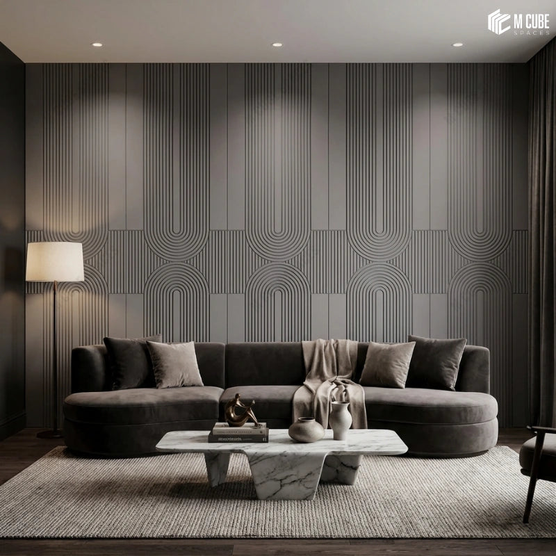 Dark Geometric Panels used on Statement Interior Walls of a Luxury Moody living room