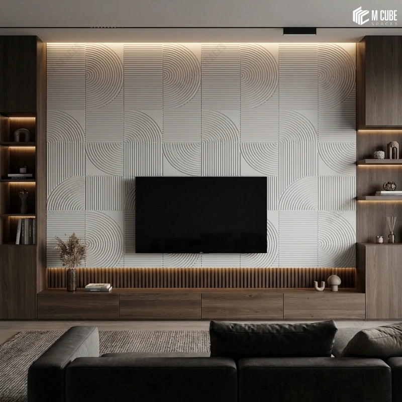 TV Unit Feature Wall executed with Matteo Geometric Panels in a moody living area