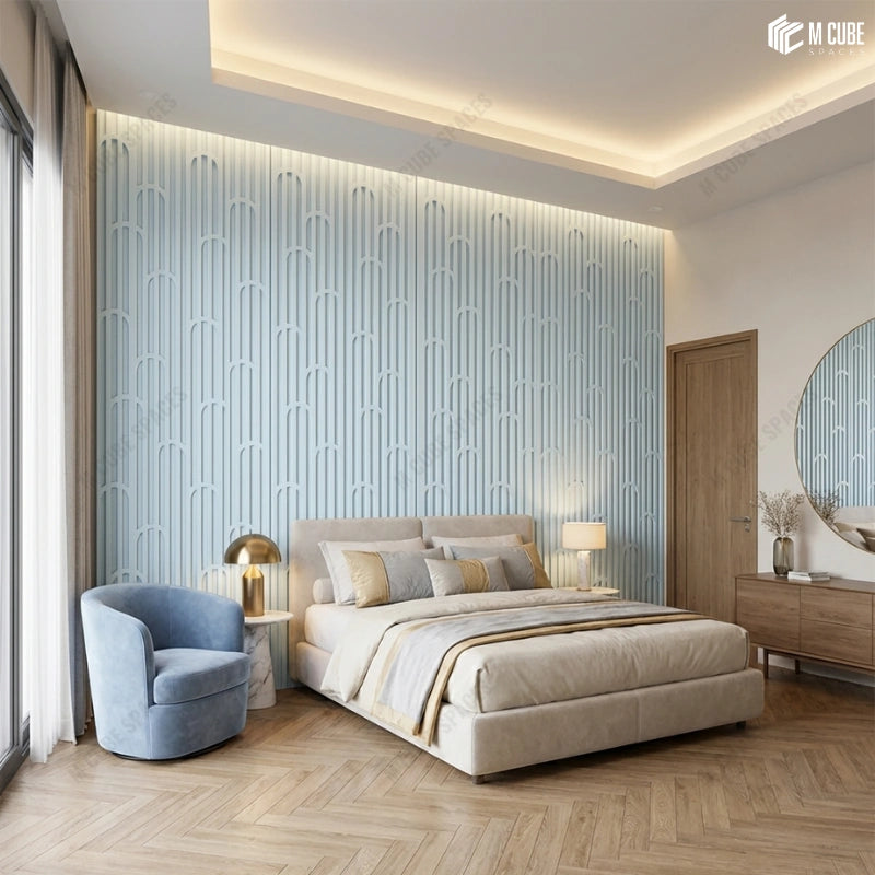 Minimalistic Studio Style Bedroom with Blue Decorative Panels Feature