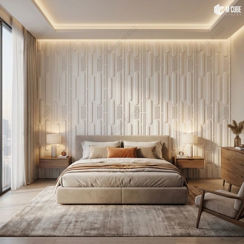 Soft Luxury Modern Bedroom with Feature Wall using White Decorative Panels