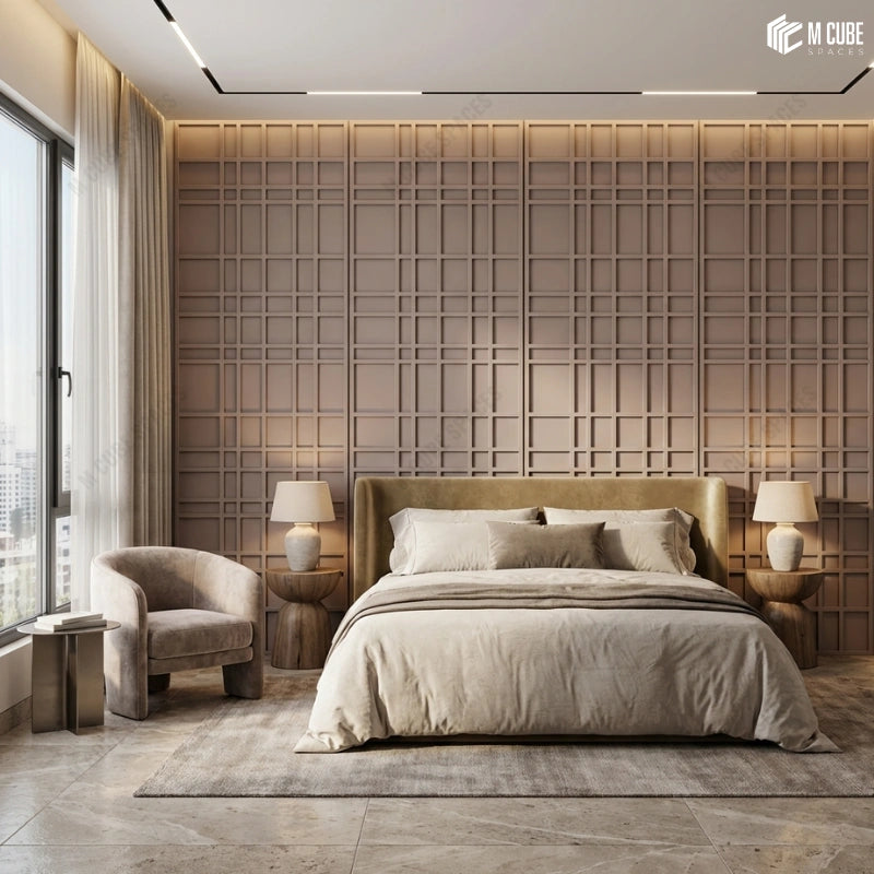 Warm Contemporary Bedroom Feature Wall using Geometric Grid Design Panels