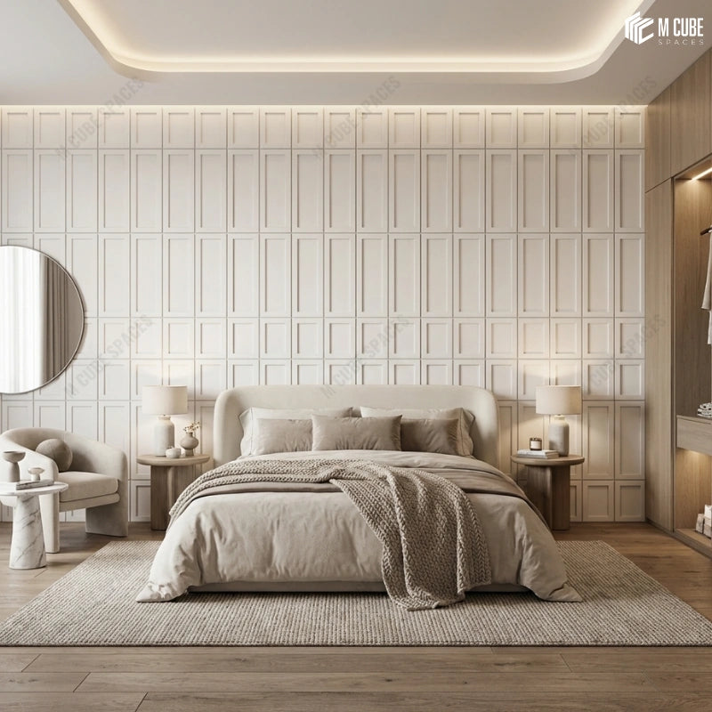 Calm and Minimal Bedroom Feature wall using White Decorative Wall Panels