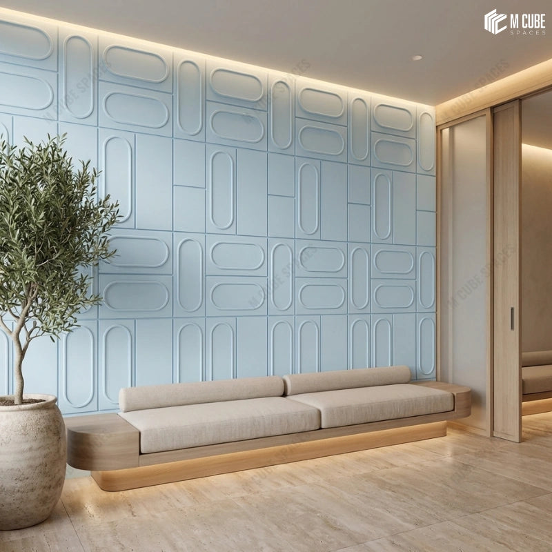 Japandi Minimalist Spa Lobby with Blue Decorative Panels
