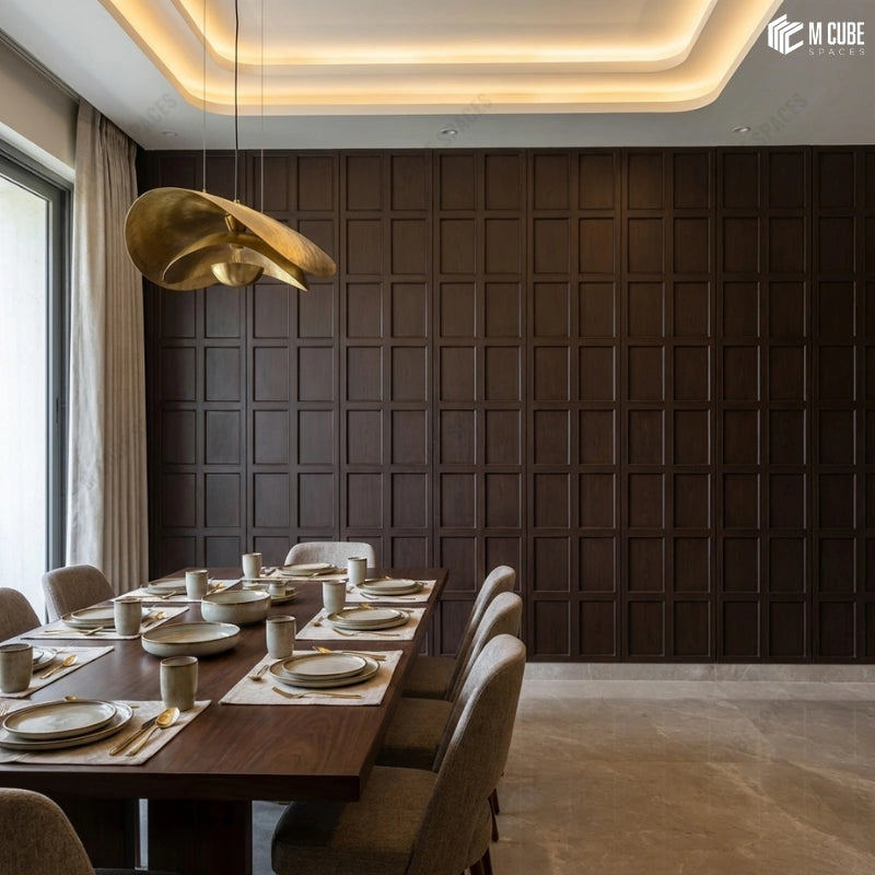 Soft Luxury Dining Room Feature Wall using Brown Decorative Panels