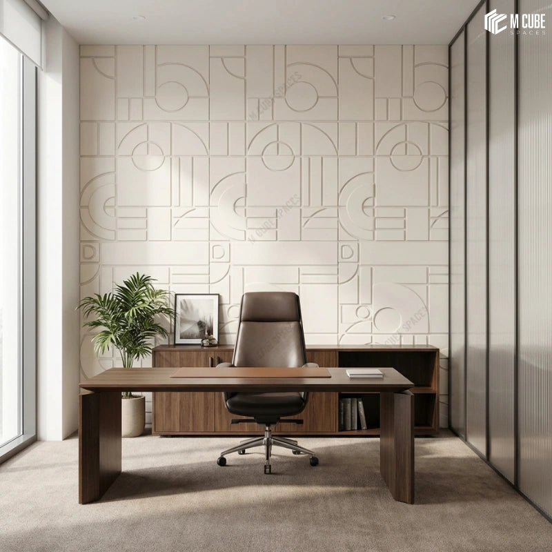 Soft Modern Executive Cabin Statement Wall executed using matteo abstract designer panels