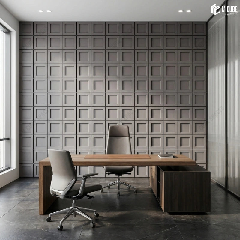 Minimal Warm Office Cabin with a Feature Wall using Charcoal Coloured Panels
