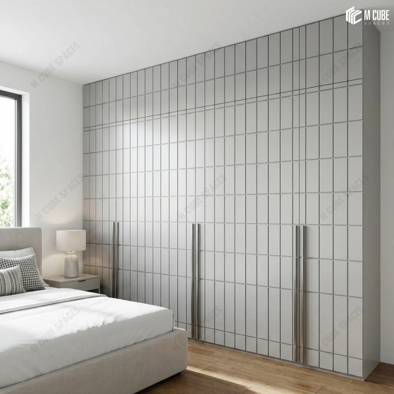 Modern Minimal Bedroom with Wardrobe Shutters using Grey Decorative Panels