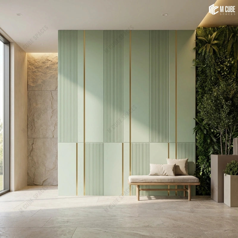 Japandi Inspired Spa Lobby featuring Calm Green Decorative Panels and Beige PU Rock