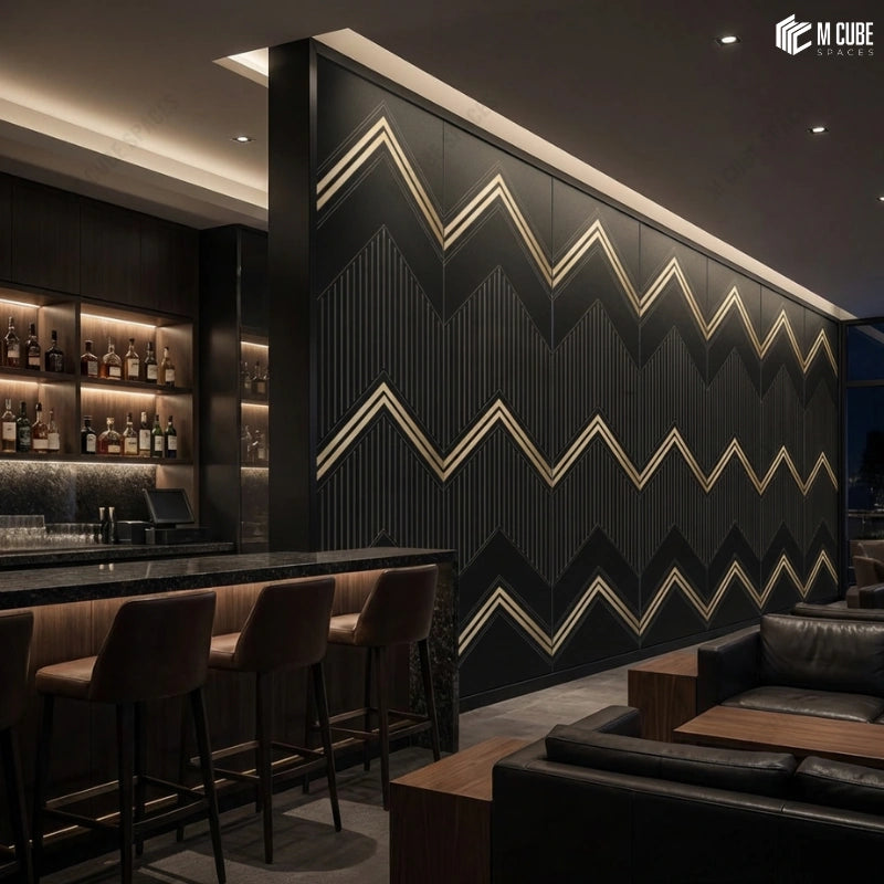 High End Bar and Lounge with Dark Wall Panels used on a Feature Wall