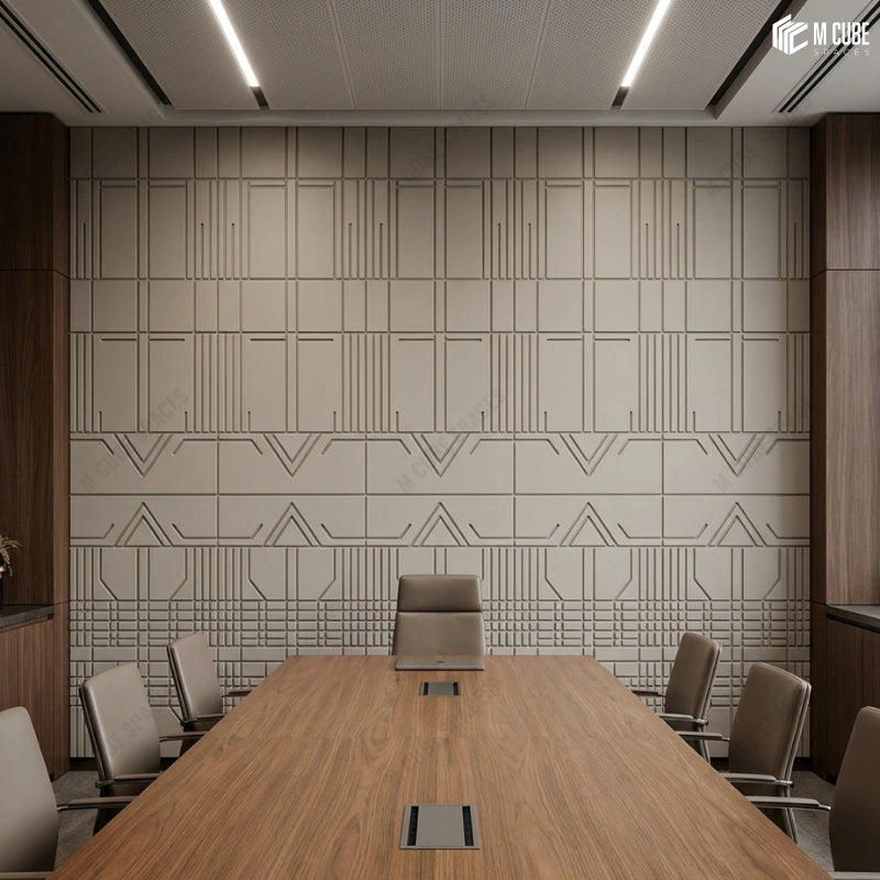 Beige Decorative Panels used as Feature Wall in Warm Modern Conference Room