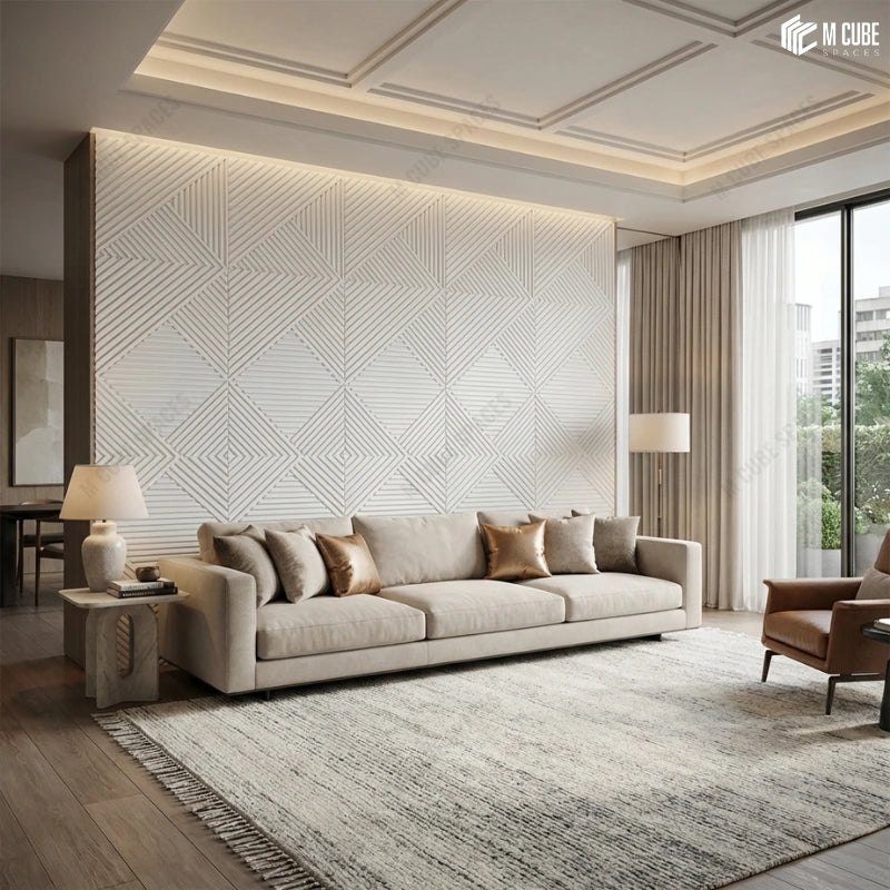 Soft Contemporary Living Room with Decorative Panels as Feature Wall