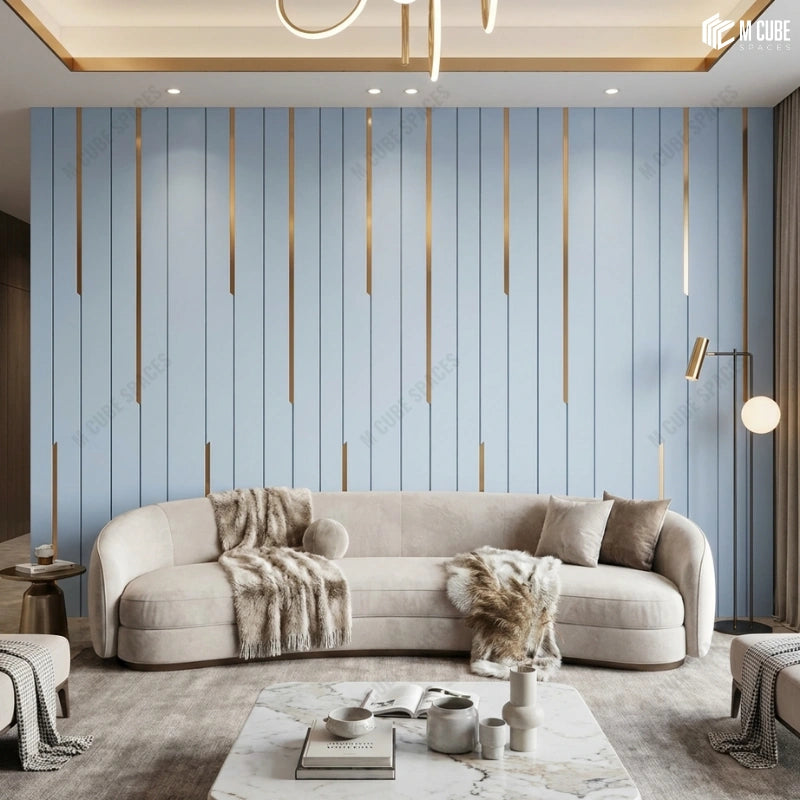 Minimalistic Luxury Living Room Interiors | Statement Wall with Blue designer panels