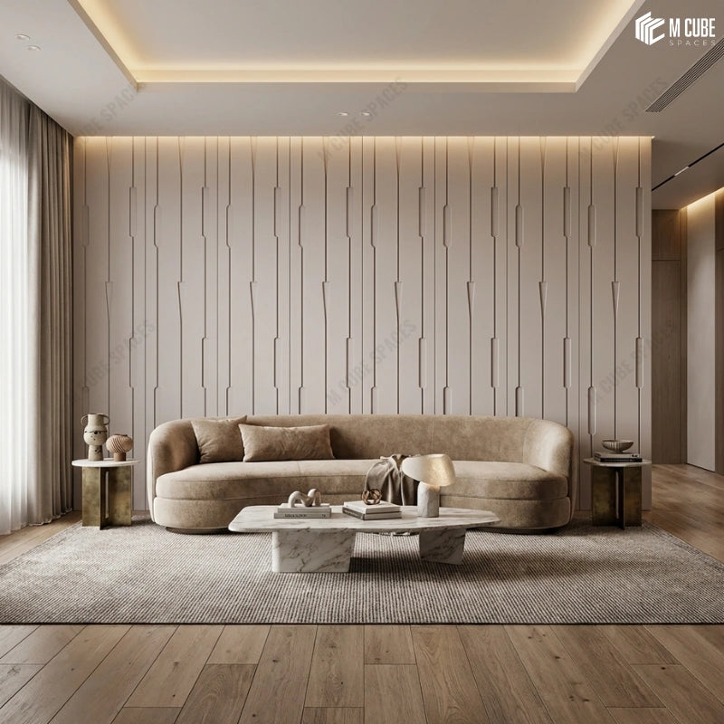 Contemporary Living Room with Beige Feature Wall Panels